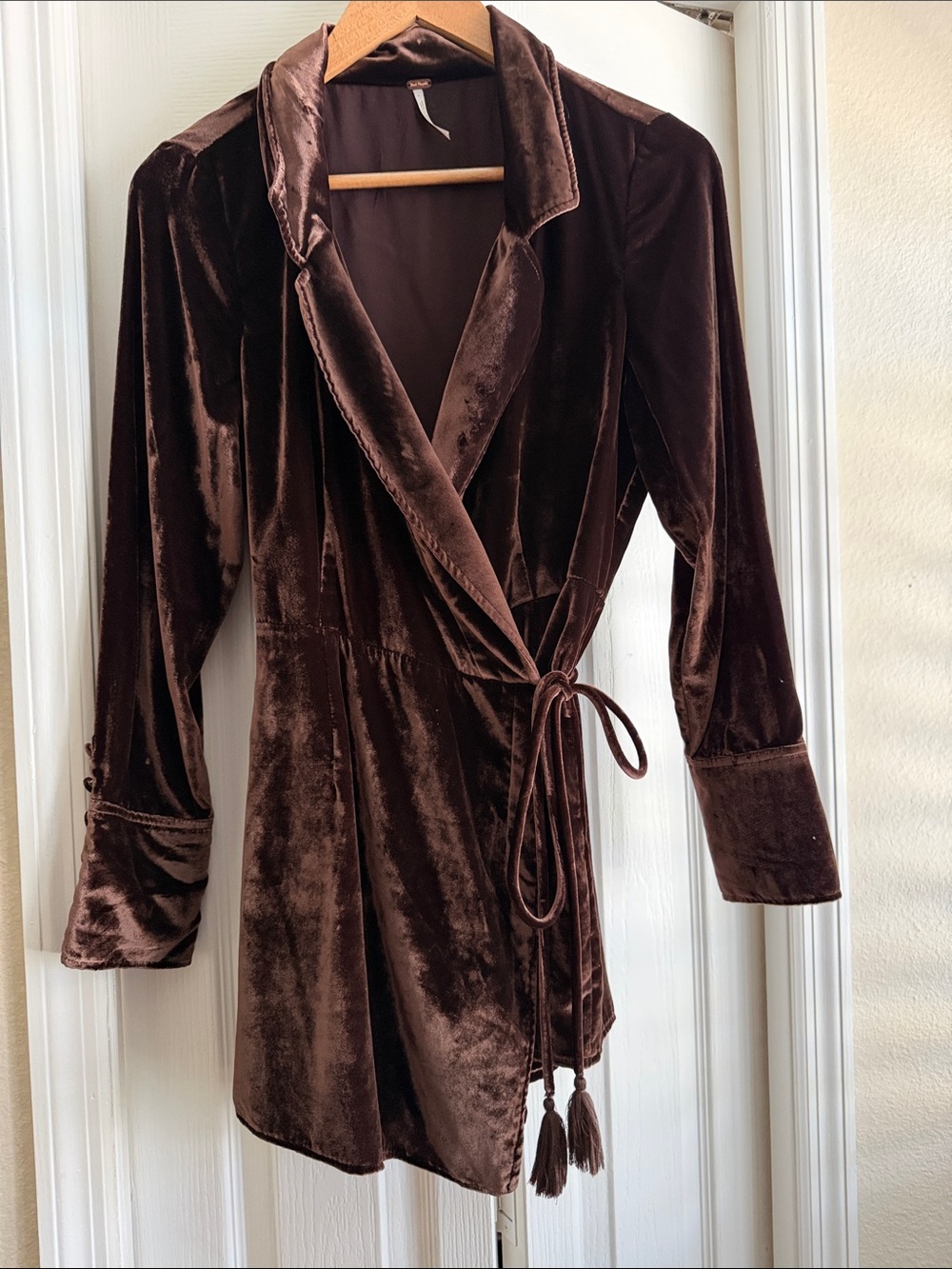 Free People Brown Velvet Wrap Romper with Tassel Tie